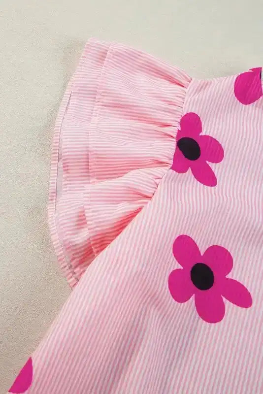 Pink Pinstripe Floral Flutter Sleeve Blouse - Fashionfitz