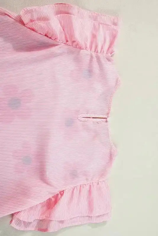 Pink Pinstripe Floral Flutter Sleeve Blouse - Fashionfitz