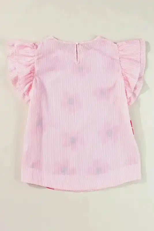 Pink Pinstripe Floral Flutter Sleeve Blouse - Fashionfitz