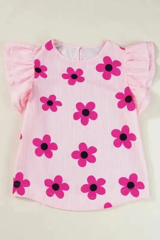 Pink Pinstripe Floral Flutter Sleeve Blouse - Fashionfitz