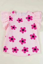 Pink Pinstripe Floral Flutter Sleeve Blouse - Fashionfitz