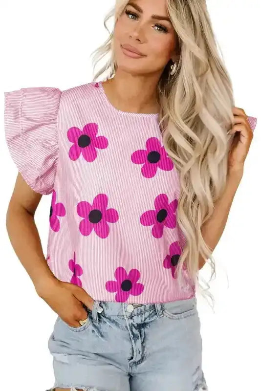 Pink Pinstripe Floral Flutter Sleeve Blouse - Fashionfitz