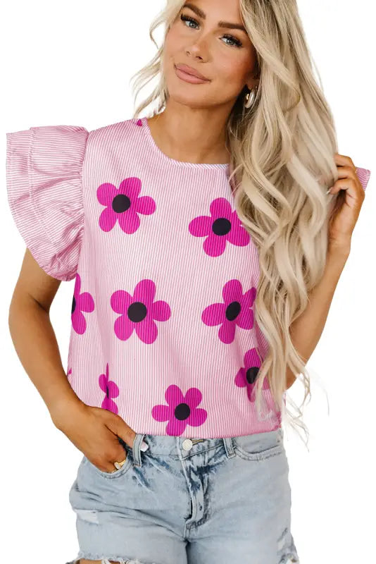 Pink pinstripe floral flutter sleeve blouse - blouses