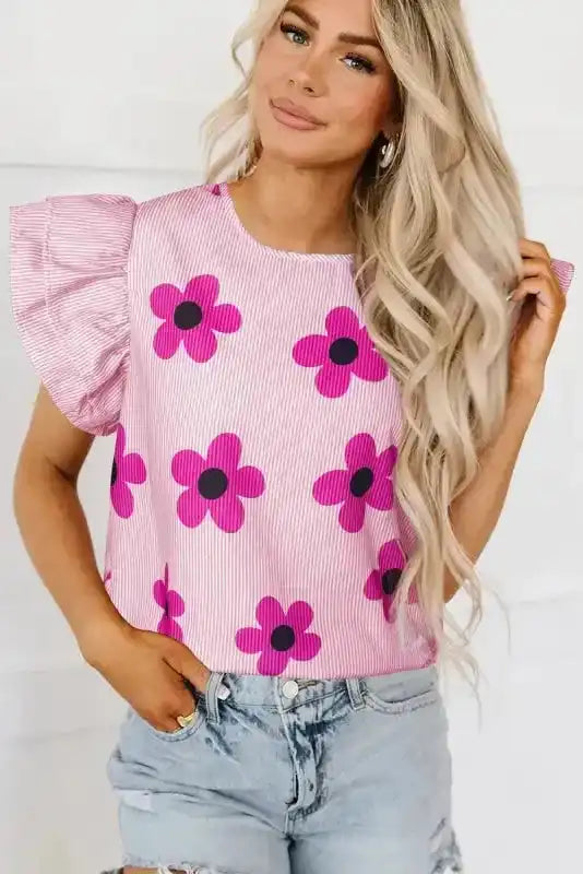 Pink Pinstripe Floral Flutter Sleeve Blouse - Fashionfitz