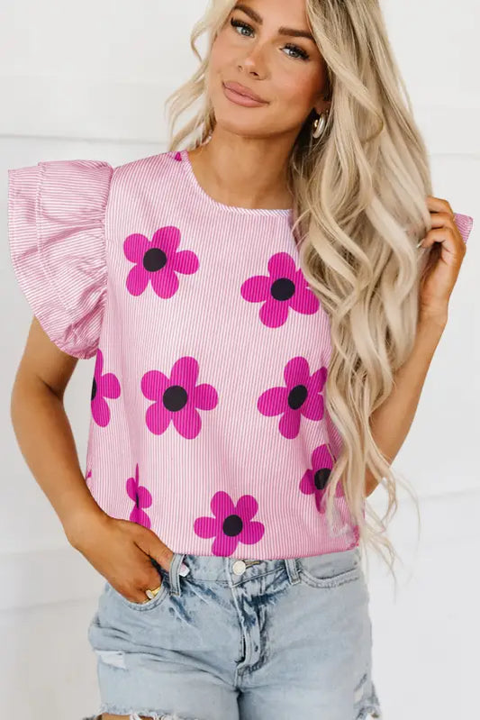 Pink pinstripe floral flutter sleeve blouse - blouses