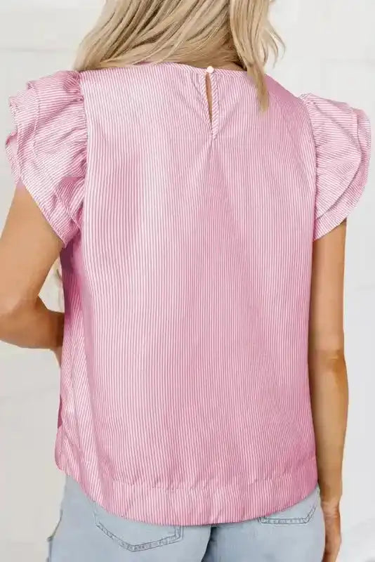 Pink Pinstripe Floral Flutter Sleeve Blouse - Fashionfitz