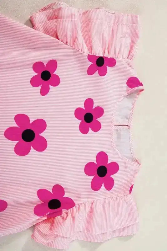 Pink Pinstripe Floral Flutter Sleeve Blouse - Fashionfitz