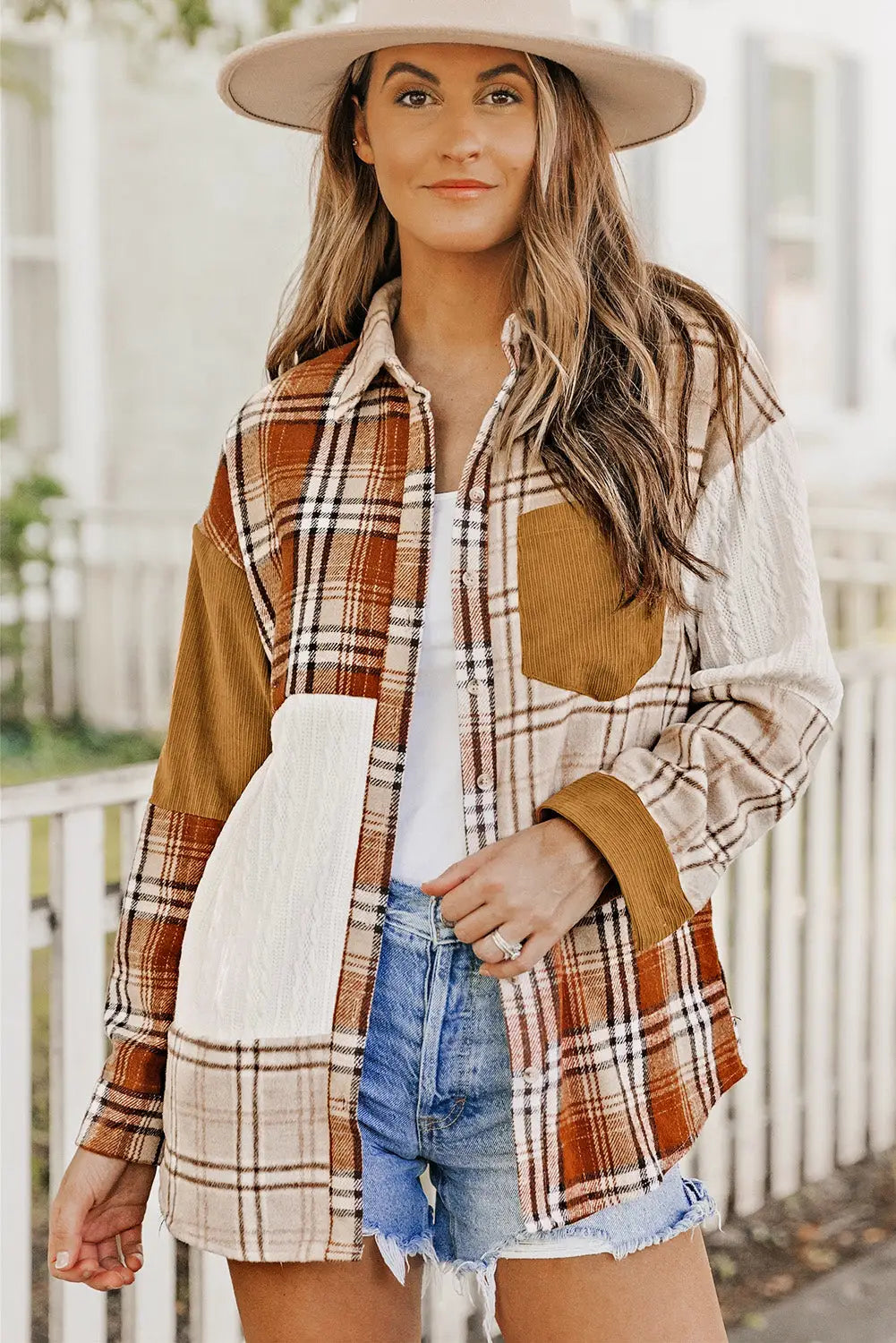 Pink plaid color block patchwork shirt jacket with pocket - shackets