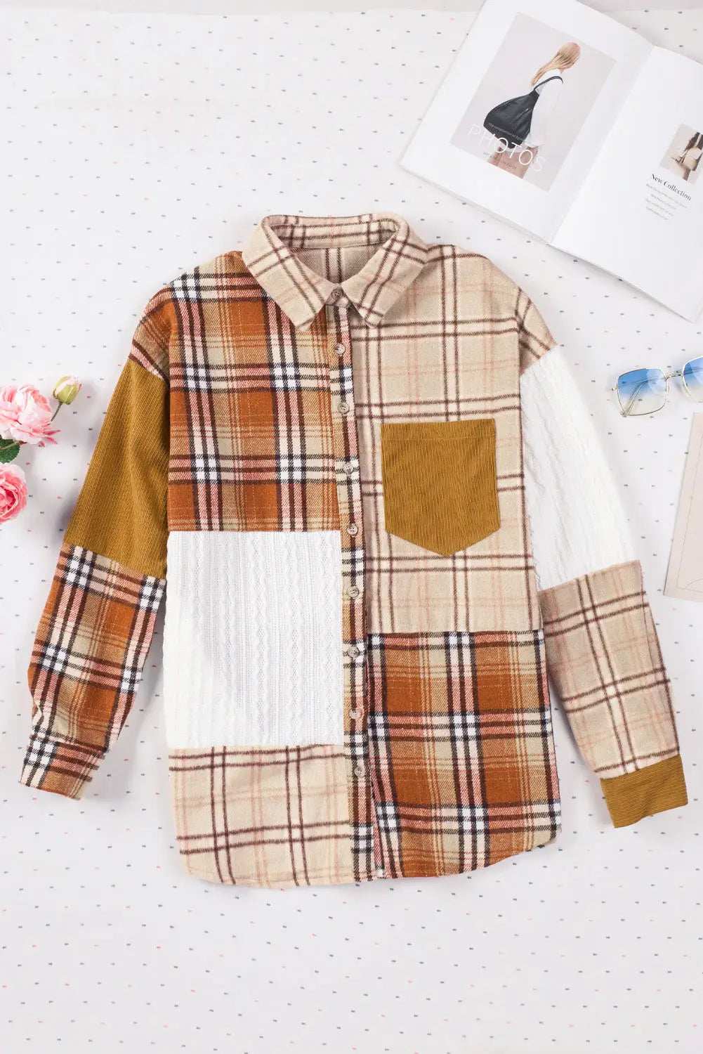 Pink plaid color block patchwork shirt jacket with pocket - shackets