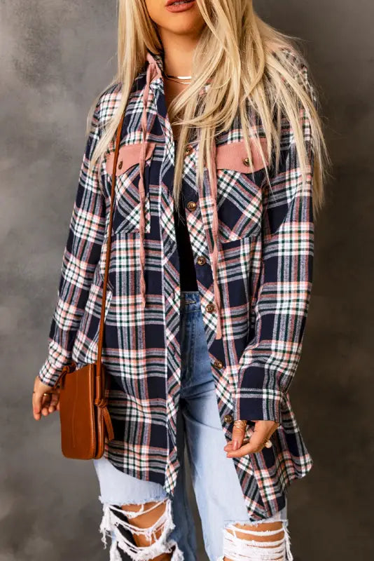 Pink plaid hooded shacket - shackets