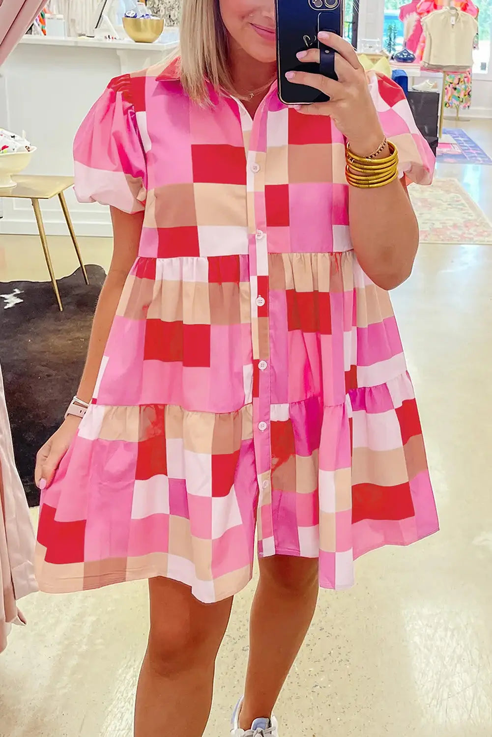 Pink plaid mini dress - s / 100% cotton - dresses/mini dresses