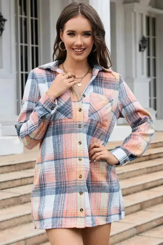 Pink Plaid Roll-tab Sleeve Side Slit Shirt Dress - Fashionfitz