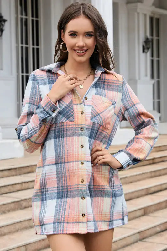 Pink plaid roll - tab sleeve side slit shirt dress - dresses