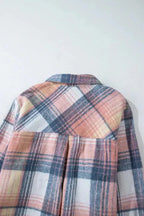 Pink Plaid Roll-tab Sleeve Side Slit Shirt Dress - Fashionfitz