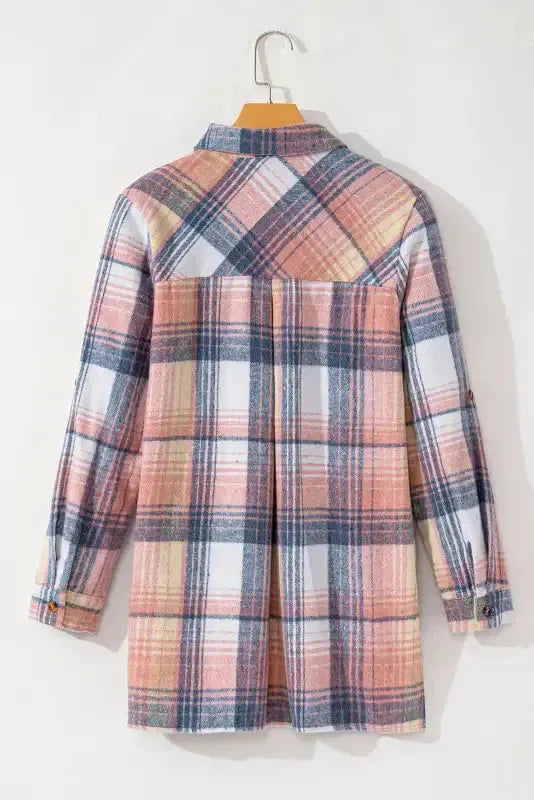 Pink Plaid Roll-tab Sleeve Side Slit Shirt Dress - Fashionfitz