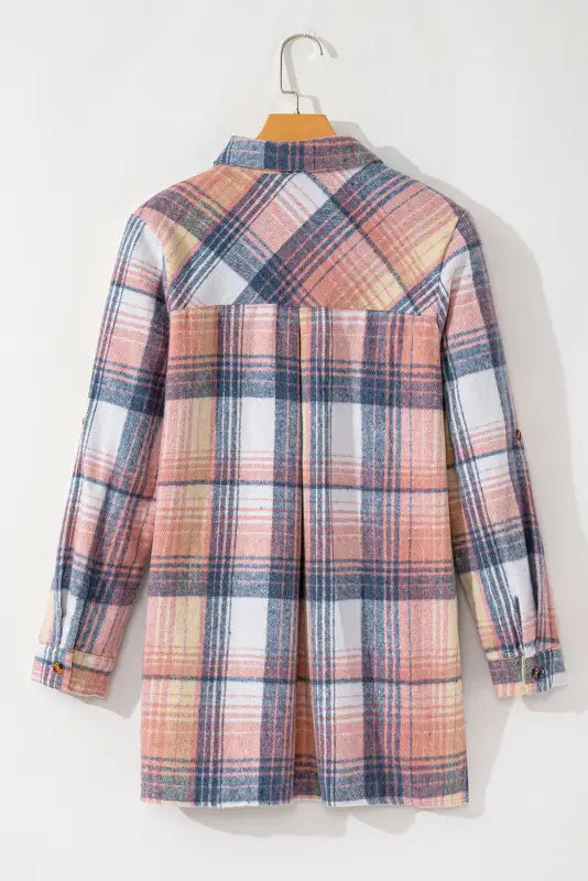 Pink plaid roll - tab sleeve side slit shirt dress - dresses