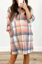 Pink Plaid Roll-tab Sleeve Side Slit Shirt Dress - Fashionfitz