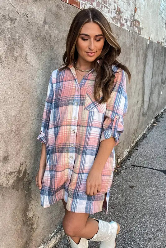 Pink plaid roll - tab sleeve side slit shirt dress - dresses