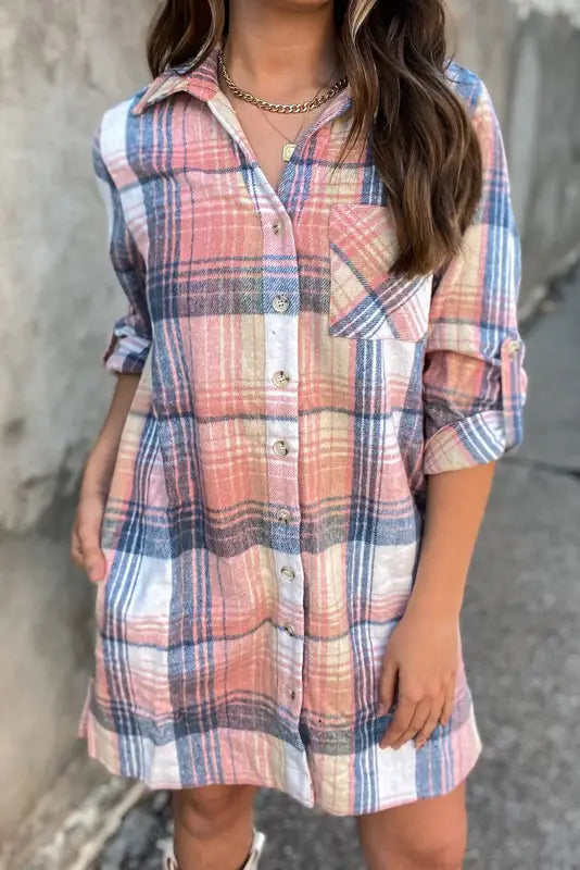 Pink plaid roll - tab sleeve side slit shirt dress - dresses