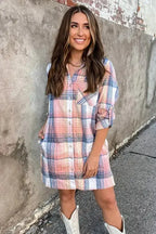 Pink Plaid Roll-tab Sleeve Side Slit Shirt Dress - Fashionfitz