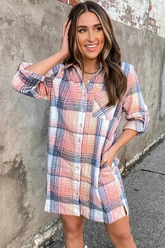 Pink Plaid Roll-tab Sleeve Side Slit Shirt Dress - Fashionfitz