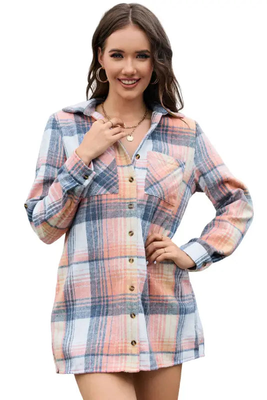 Pink plaid roll - tab sleeve side slit shirt dress - dresses