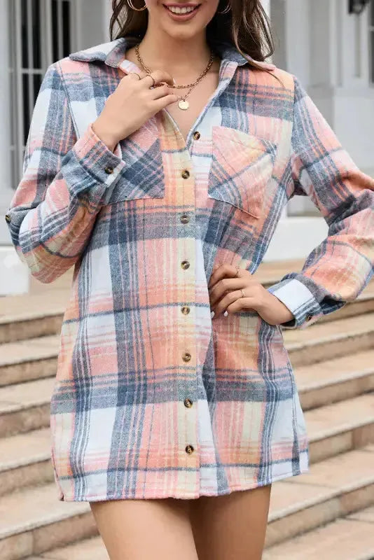 Pink Plaid Roll-tab Sleeve Side Slit Shirt Dress - Fashionfitz