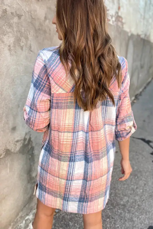 Pink plaid roll - tab sleeve side slit shirt dress - dresses