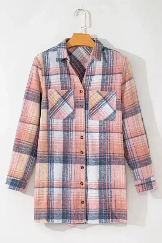 Pink Plaid Roll-tab Sleeve Side Slit Shirt Dress - Fashionfitz