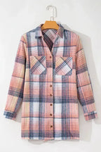 Pink Plaid Roll-tab Sleeve Side Slit Shirt Dress - Fashionfitz