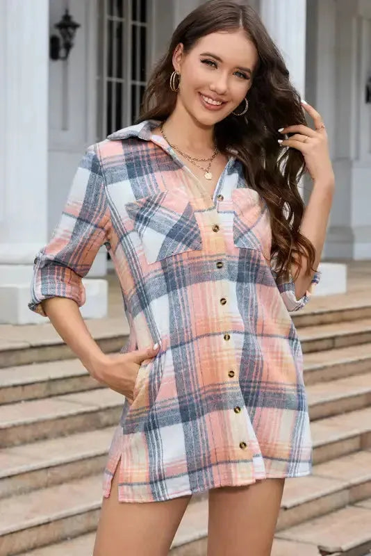 Pink Plaid Roll-tab Sleeve Side Slit Shirt Dress - Fashionfitz