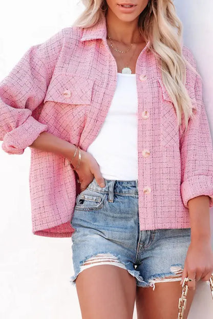 Pink plaid tweed button up shacket - 2xl / 100% polyester - shackets