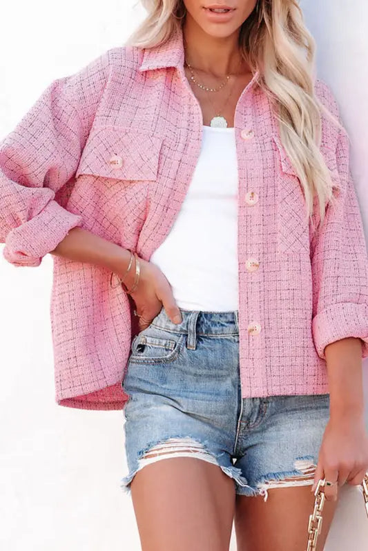 Pink plaid tweed button up shacket - 2xl / 100% polyester - shackets