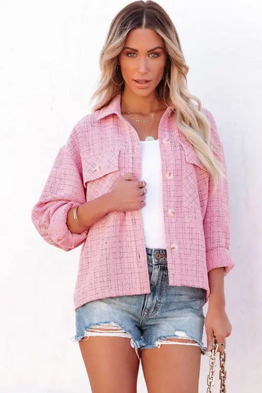 Pink plaid tweed button up shacket - 2xl / 100% polyester - shackets