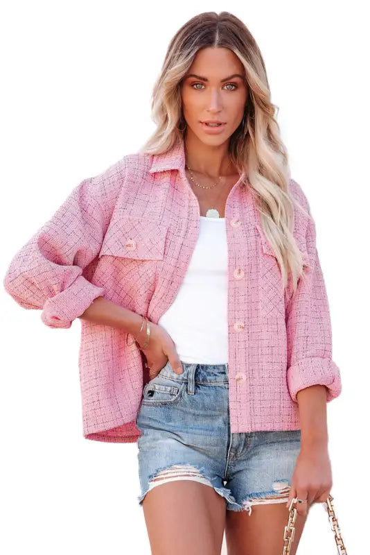 Pink plaid tweed button up shacket - 2xl / 100% polyester - shackets