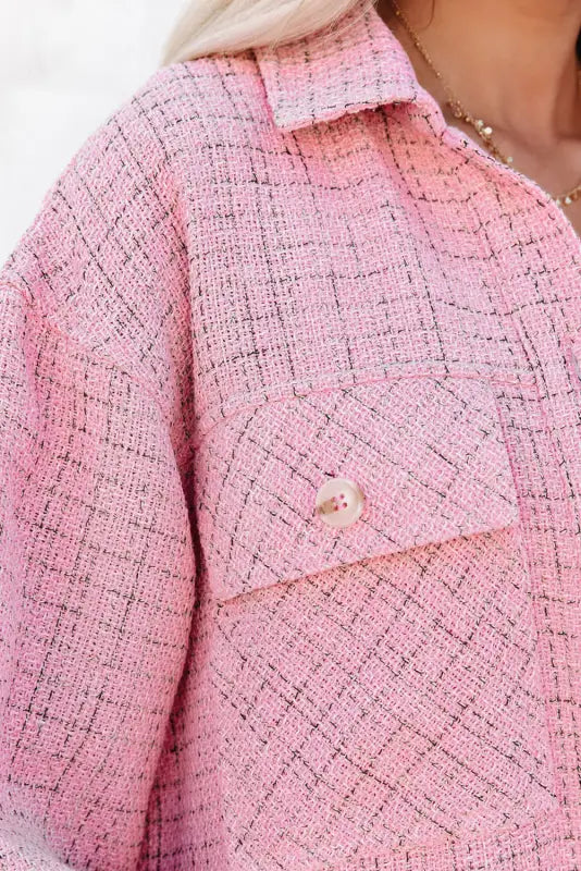 Pink plaid tweed button up shacket - 2xl / 100% polyester - shackets