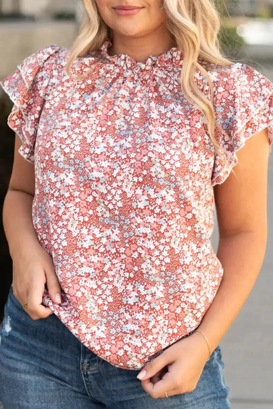 Pink Plus Size Floral Print Ruffled Sleeve Frilled Neck Blouse - Fashionfitz