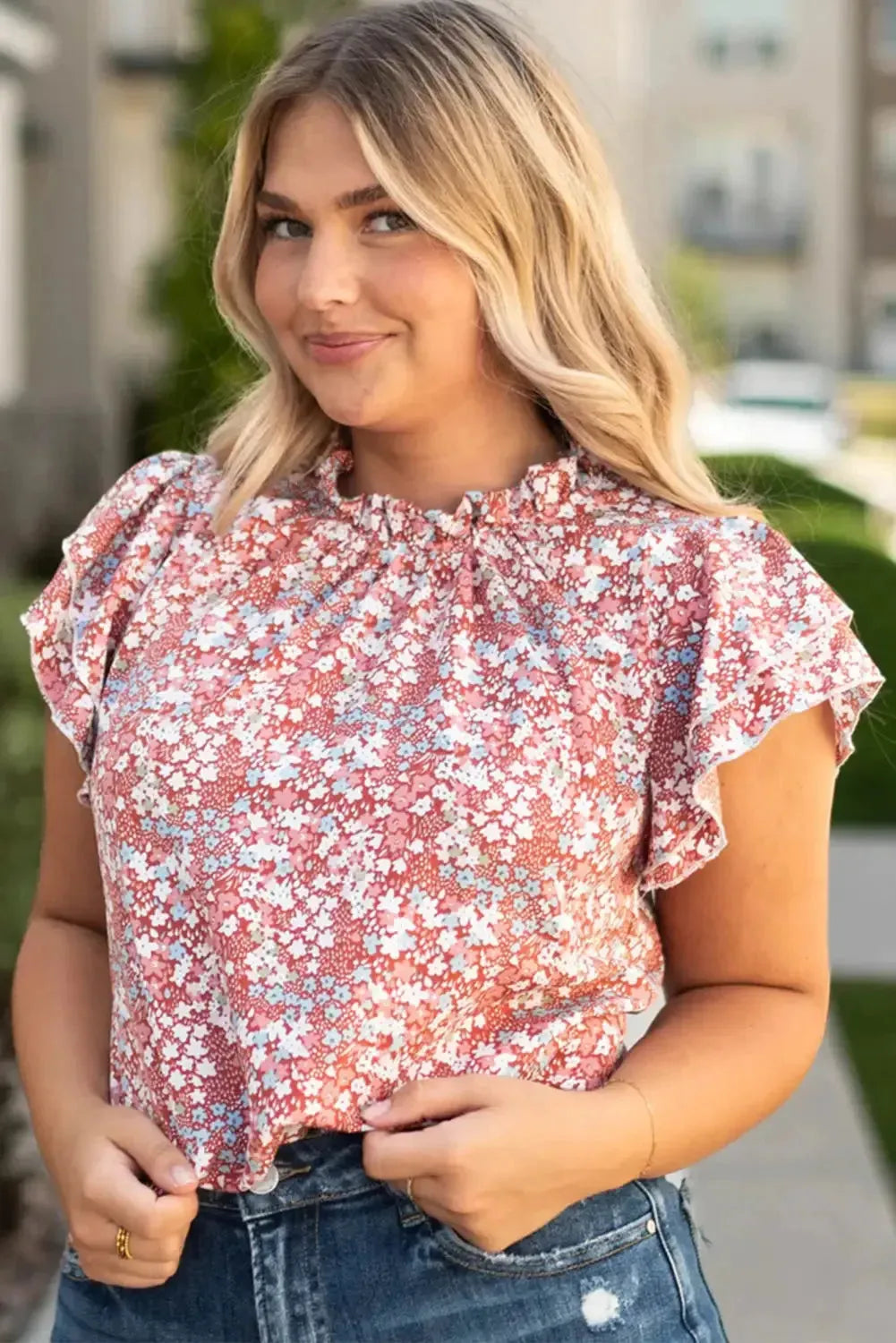 Pink Plus Size Floral Print Ruffled Sleeve Frilled Neck Blouse - Fashionfitz