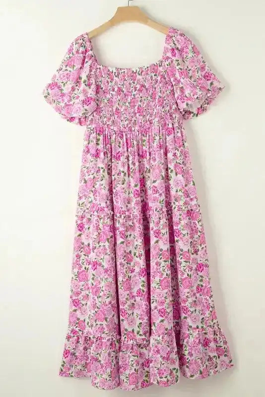 Pink Plus Size Floral Smocked Dress - Fashionfitz