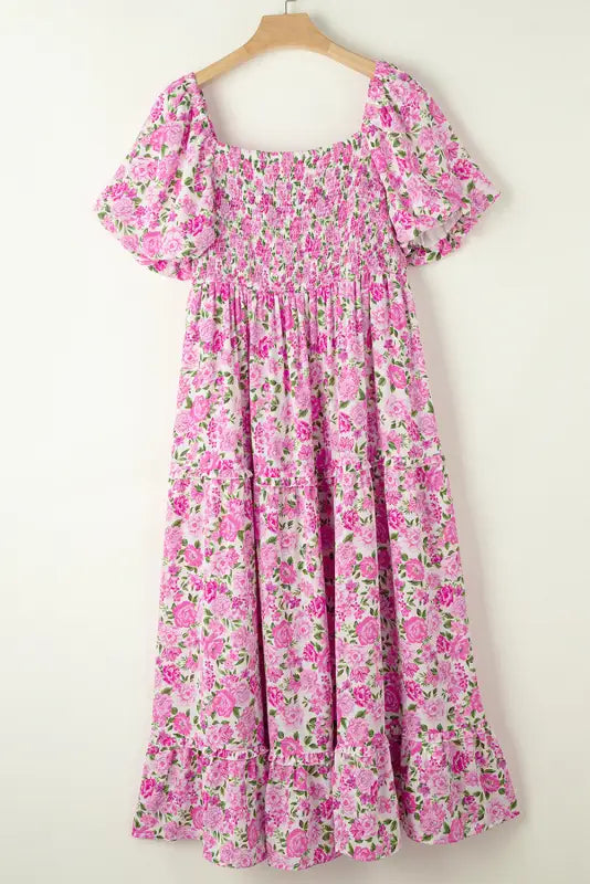 Pink plus size floral smocked dress - 1x / 100% polyester - maxi dresses