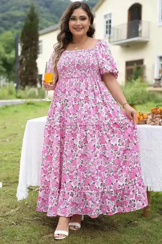 Pink Plus Size Floral Smocked Dress - Fashionfitz