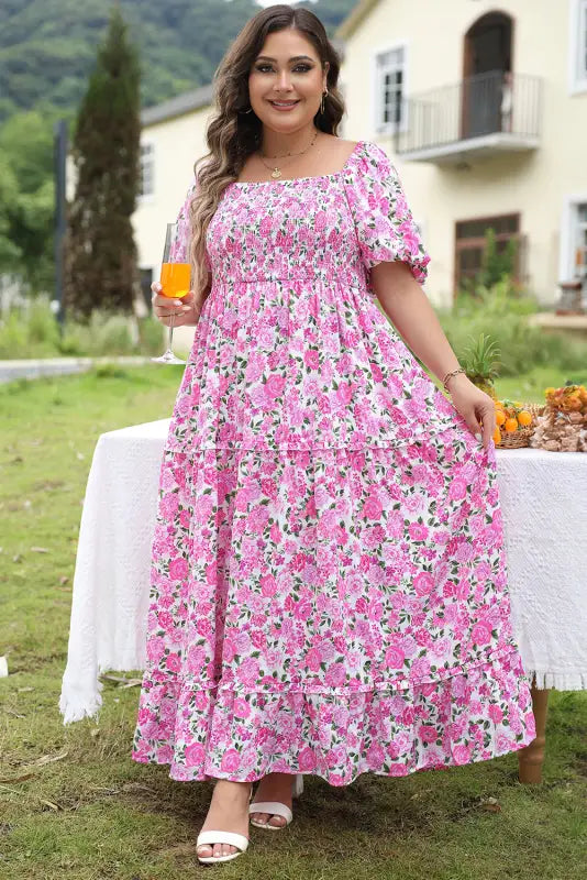 Pink plus size floral smocked dress - maxi dresses