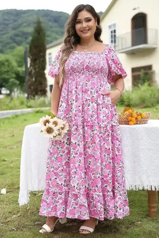 Pink Plus Size Floral Smocked Dress - Fashionfitz