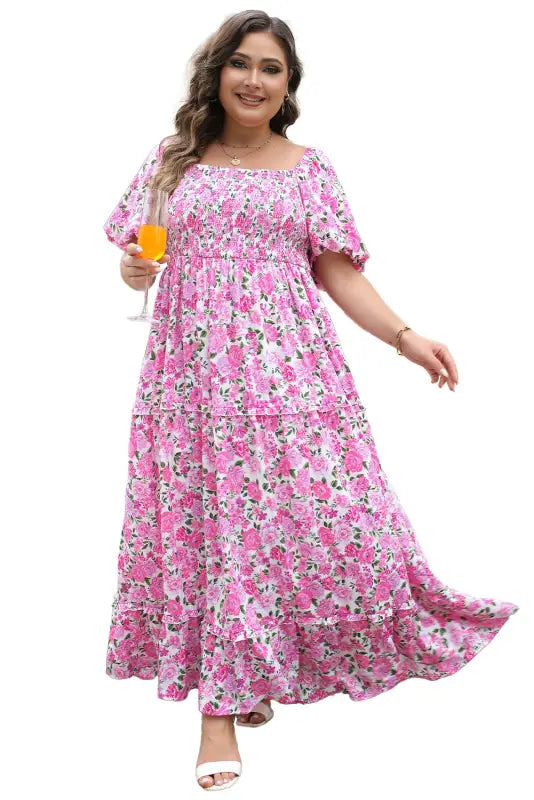 Pink plus size floral smocked dress - maxi dresses