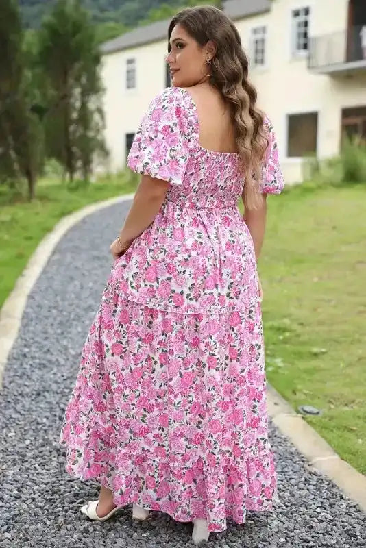 Pink Plus Size Floral Smocked Dress - Fashionfitz