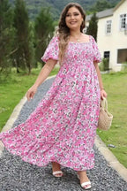 Pink Plus Size Floral Smocked Dress - Fashionfitz