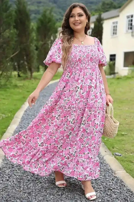 Pink Plus Size Floral Smocked Dress - Fashionfitz