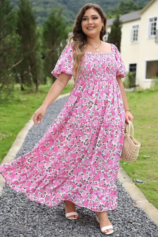 Pink plus size floral smocked dress - maxi dresses