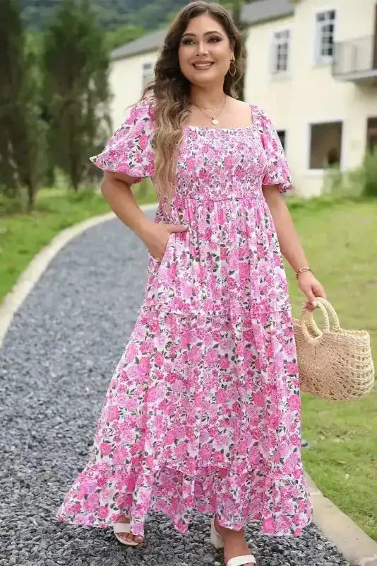 Pink Plus Size Floral Smocked Dress - Fashionfitz