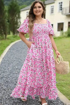 Pink Plus Size Floral Smocked Dress - Fashionfitz